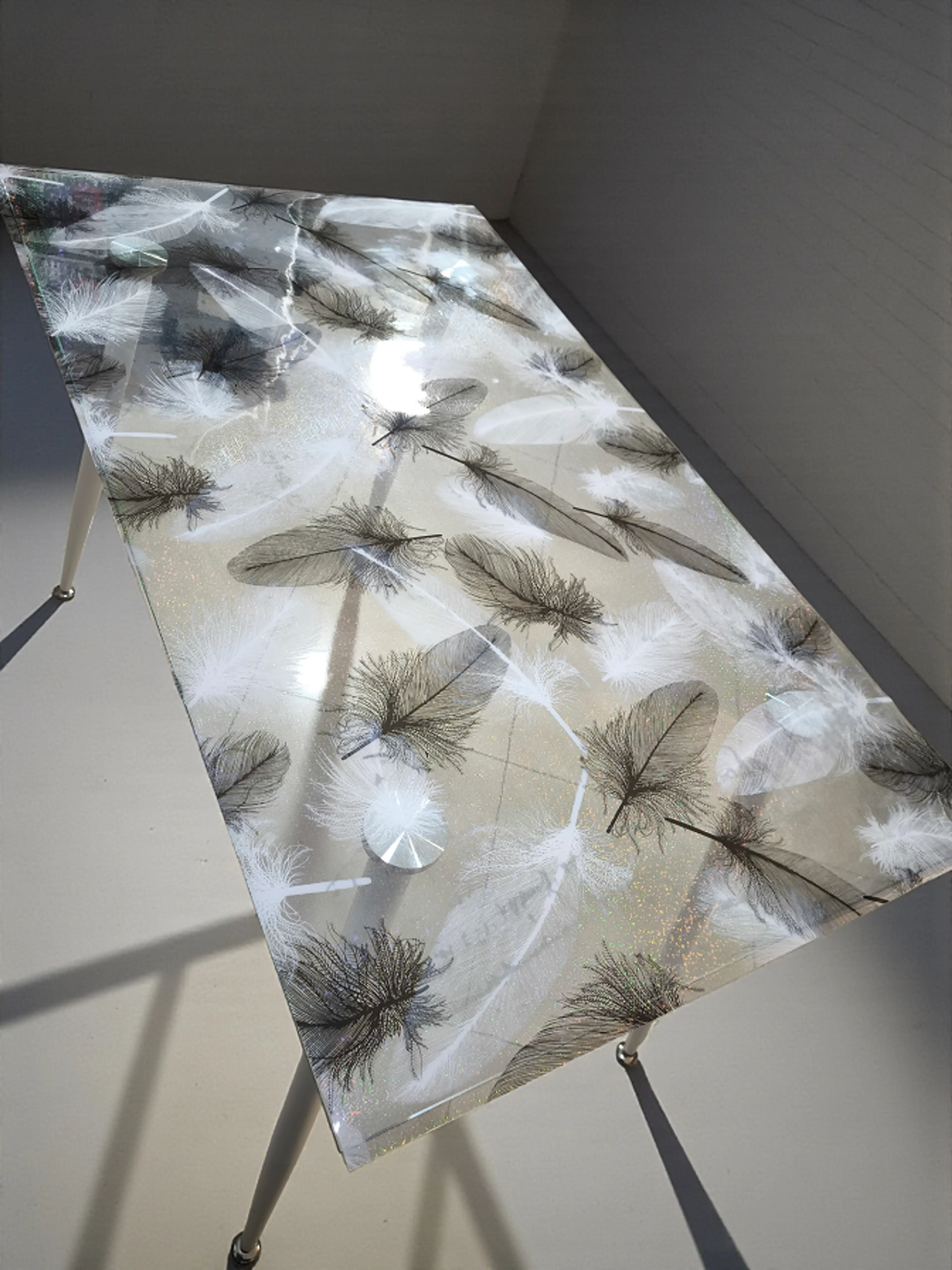 Протектор за маса, прозрачен фон с бели и черни пера